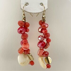 Cute Boho Red & Coral Beaded Dangle Earrings w/ Shell & Gold Accents